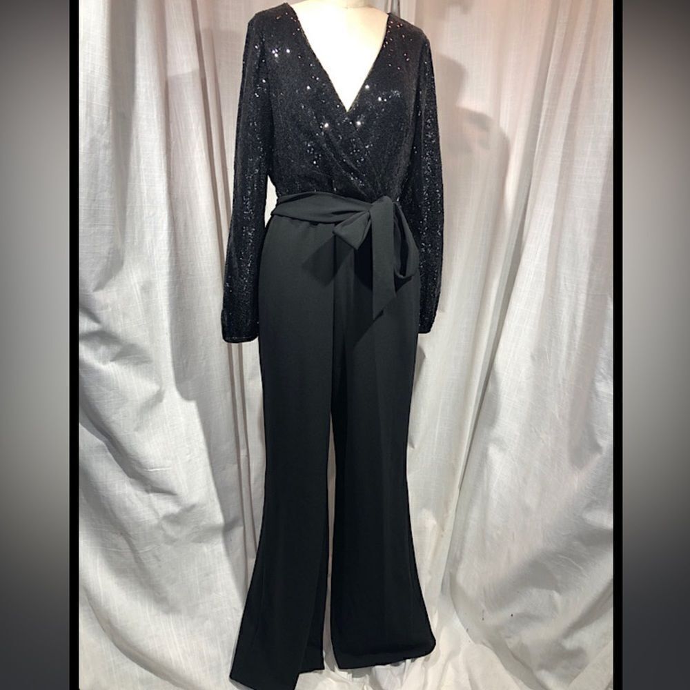 RALPH LAUREN Womens Black Belted Long Sleeve V Neck Jumpsuit